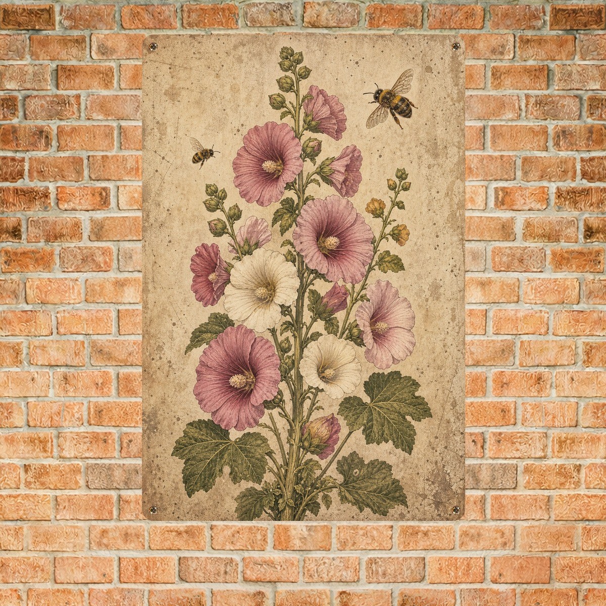 Vintage Vertical Hollyhock Flower Tin Sign Botanical Bees Wall Decor