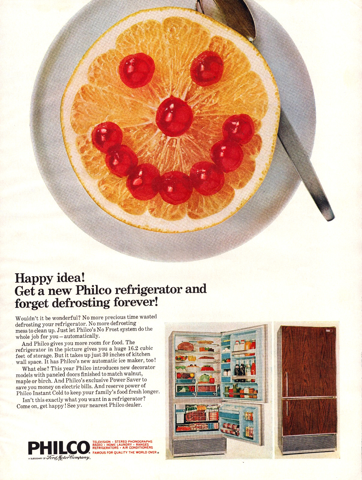 Philco Refrigerator Happy Face Cherry Grapefruit Vintage Print Ad 1966