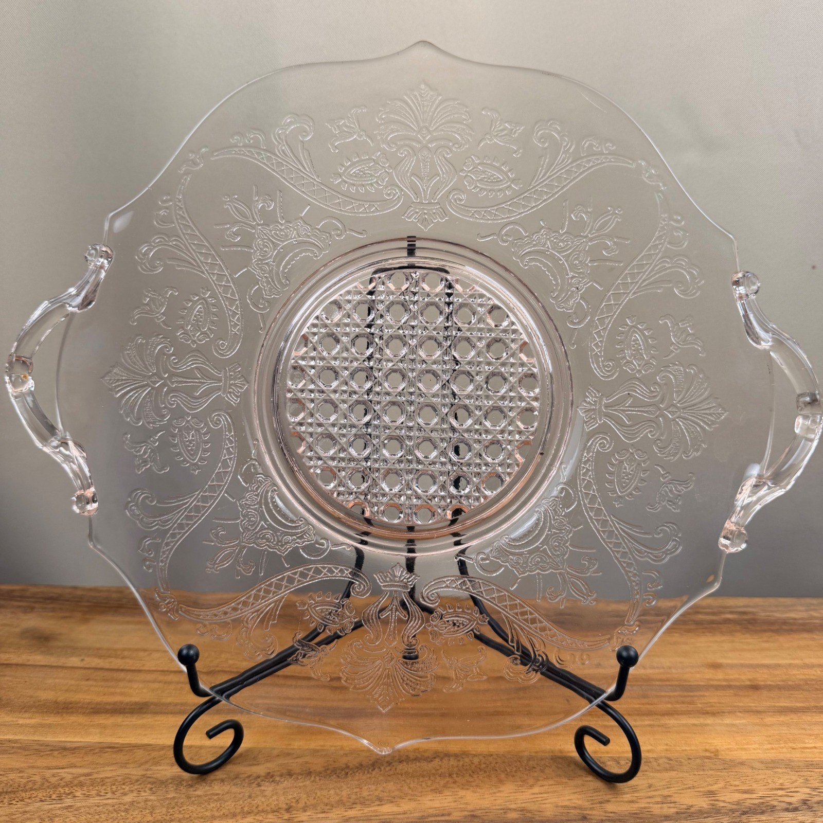 Lancaster Pink Depression Glass Landrum Cane 12.5in Handled Serving Tray