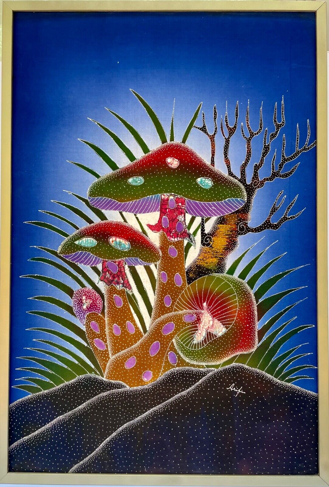 Vtg Framed Original Signed Indonesian Batik Waxing/Dyeing  Art Mushrooms 24\