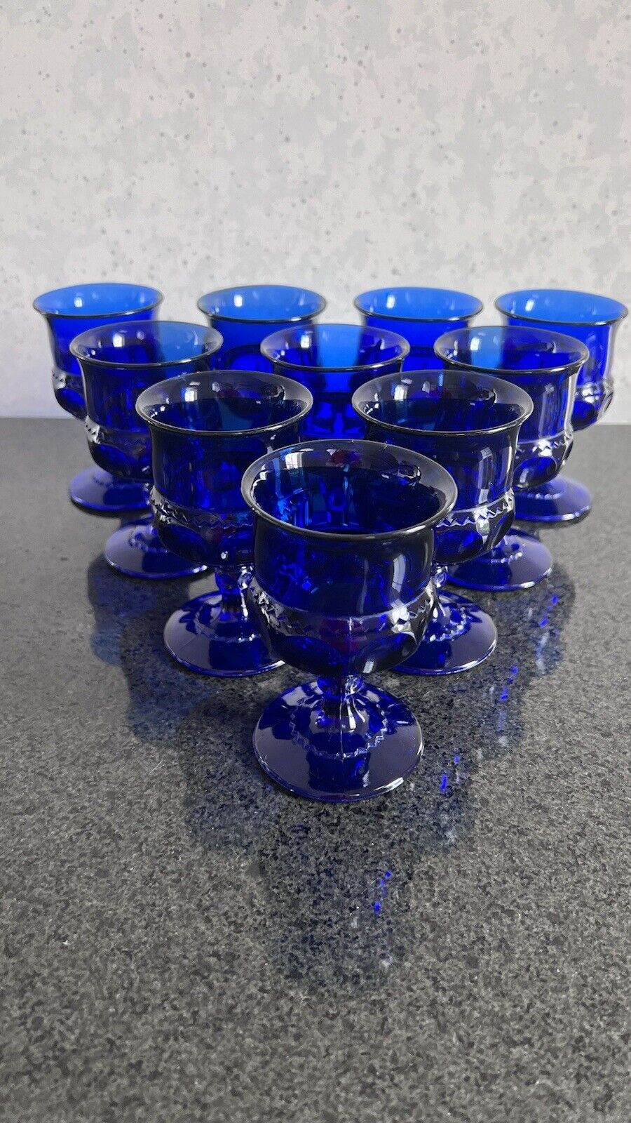 Vintage Cobalt Blue King's Crown Thumbprint Goblet Glass ~ 4 1/2” Set of 10