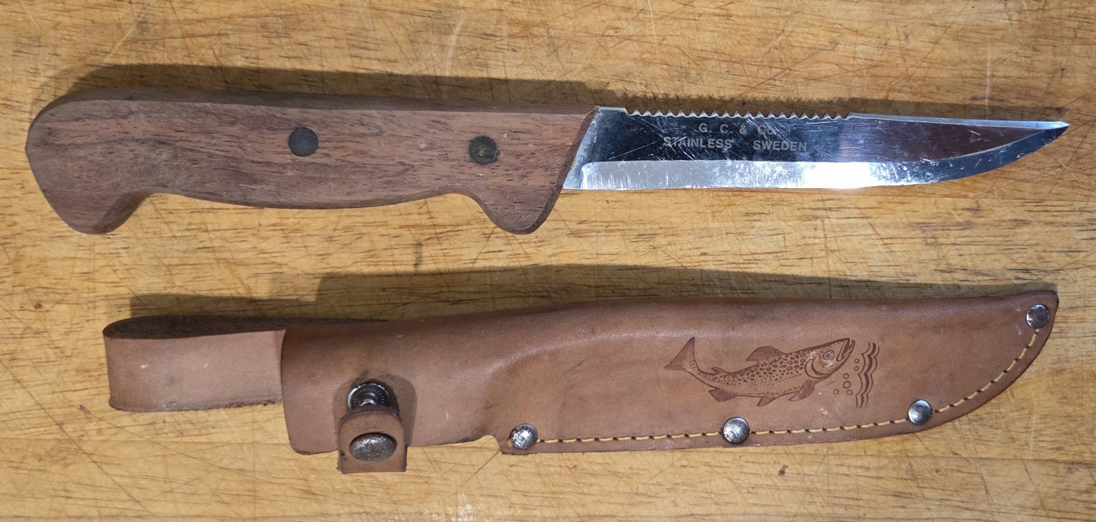 Vintage GC & Co Stainless Sweden Fisherman Knife w/ Leather Sheath, fish fishing