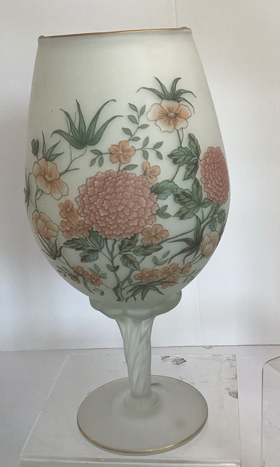 VTG White Satin Glass Brandy Snifter Vase Candle Holder Floral Zinnia Print