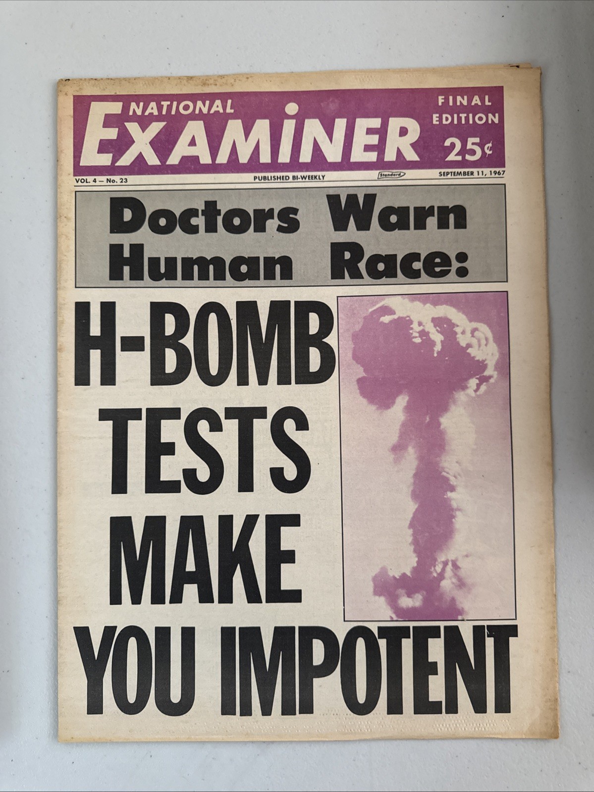1967 Sept 11 National Examiner Newspaper, H-Bomb Tests Make you Impotent (VRN10B