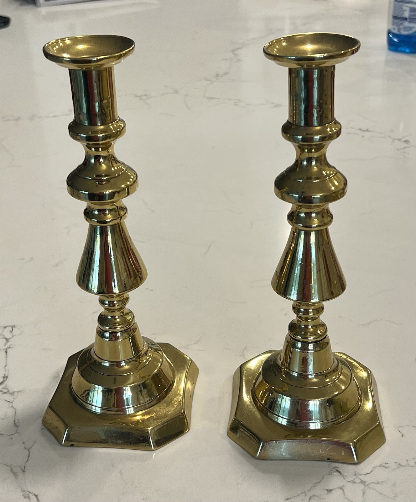 Antique 10.25” Brass Victorian Candlesticks Holders Tiered Baluster Sq Base