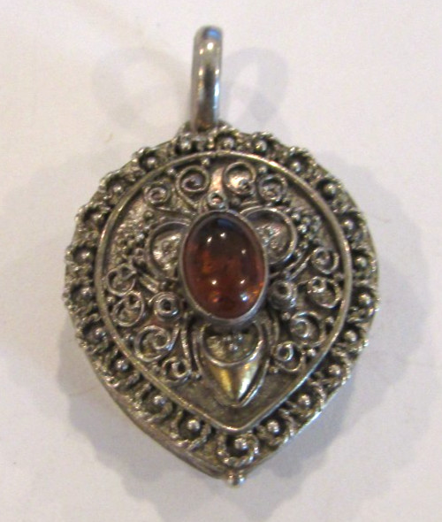 Vintage Sterling Silver Amber Ornate Pill Prayer Box Pendant