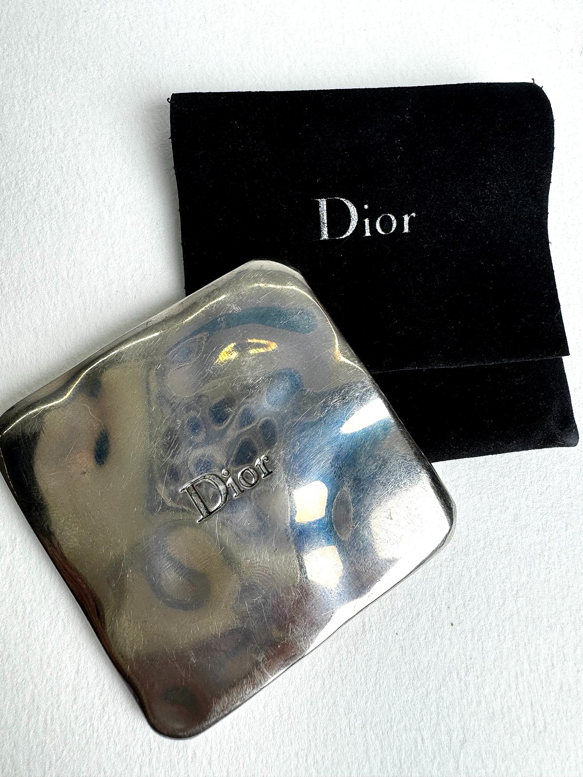 Vintage Christian Dior Compact Pocket Mirror Silver Tone Mottled W/ Pouch 1990s 