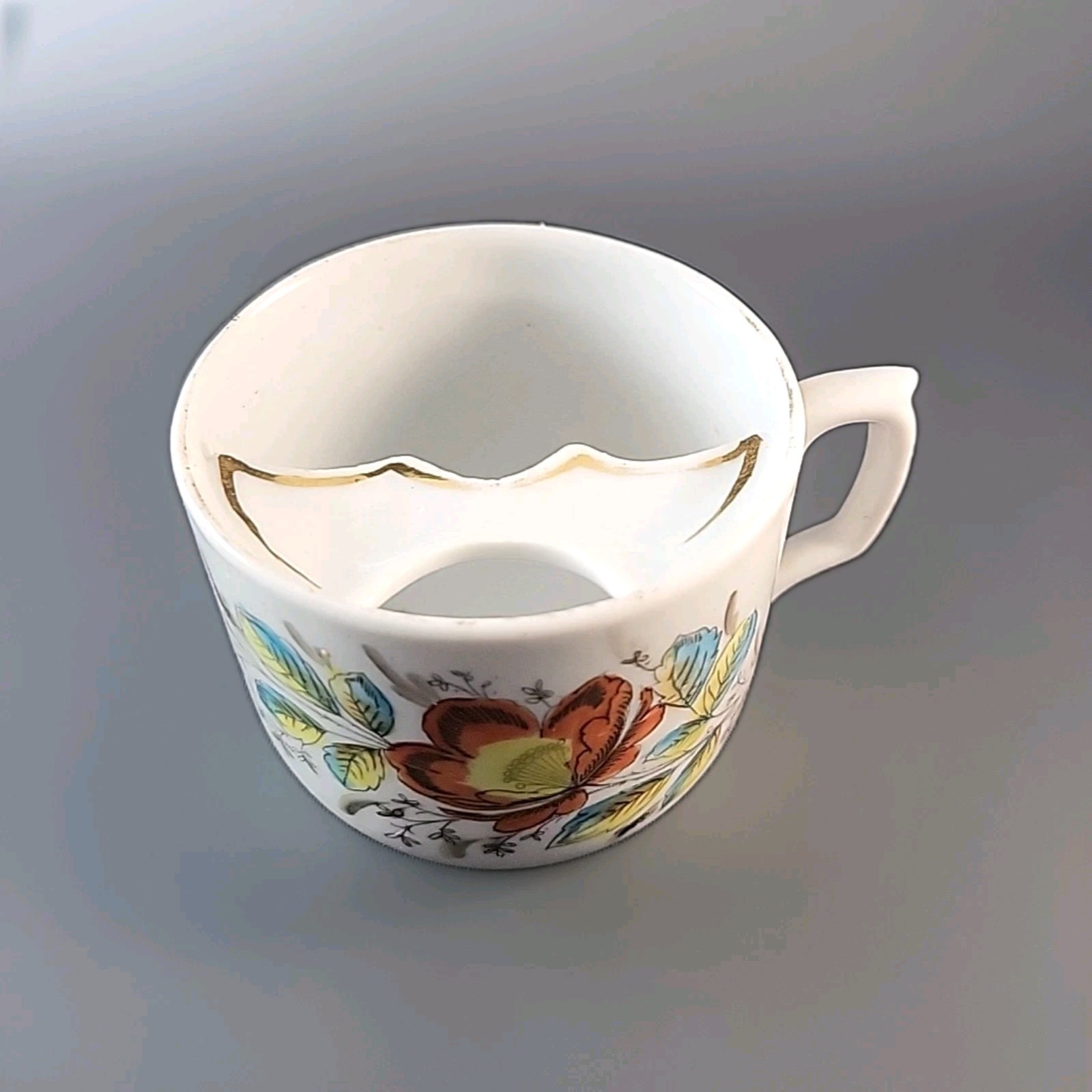 Antique Victorian Mustache Cup Hand Painted Floral Gold Gilt Porcelain Unmarked 