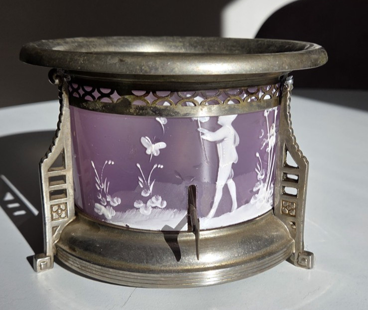 Antique Pink Purple Three Scene Mary Gregory Painted Tea Warmer - Sold AS IS