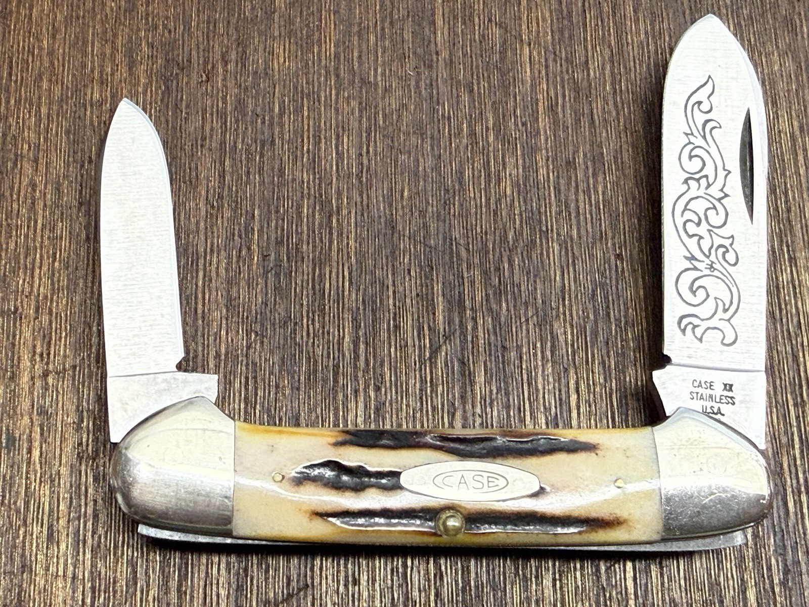 Vintage Case XX 52131 3 dot 1977 Blue Scroll Canoe Pocket Knife.