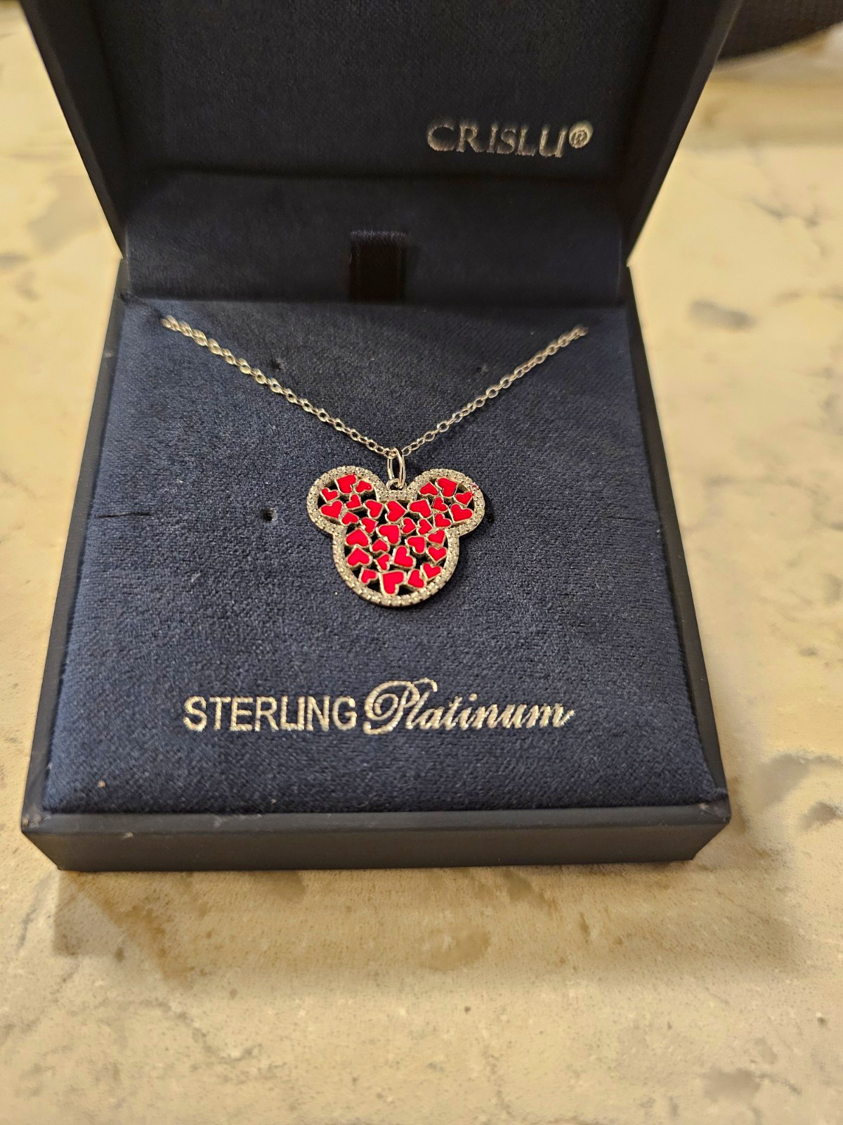 CRISLU Disney Parks Sterling Platinum Mickey Mouse Red Hearts Pendant Necklace