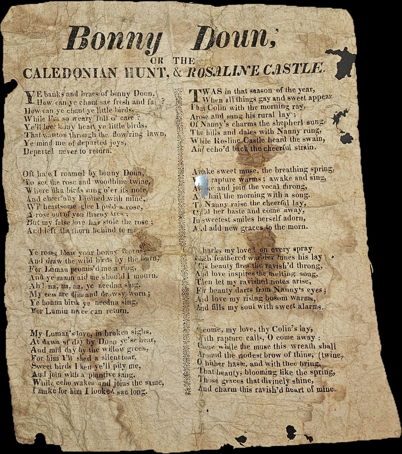 Bonny Doon Broadside Ballad c.1840s Caledonian Hunt Rosaline Castle Rare