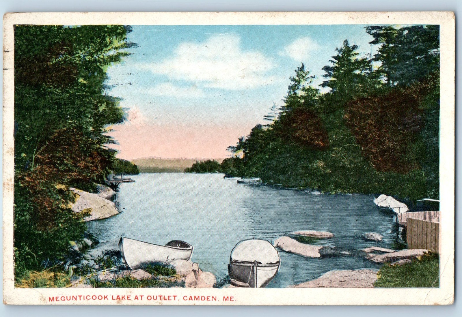 c1916 Camden Maine ME Vintage Postcard Megunticook Lake Outlet Sail Boat Posted