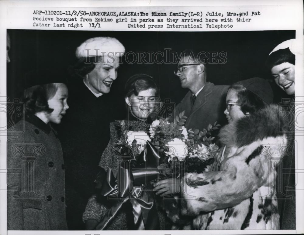 1958 Press Photo Nixon Family Mrs. and Pat receive Bouquets from Eskimo Girl 1958 Press Photo Nixon Family Mrs. and Pat receive Bouquets from Eskimo Girl
