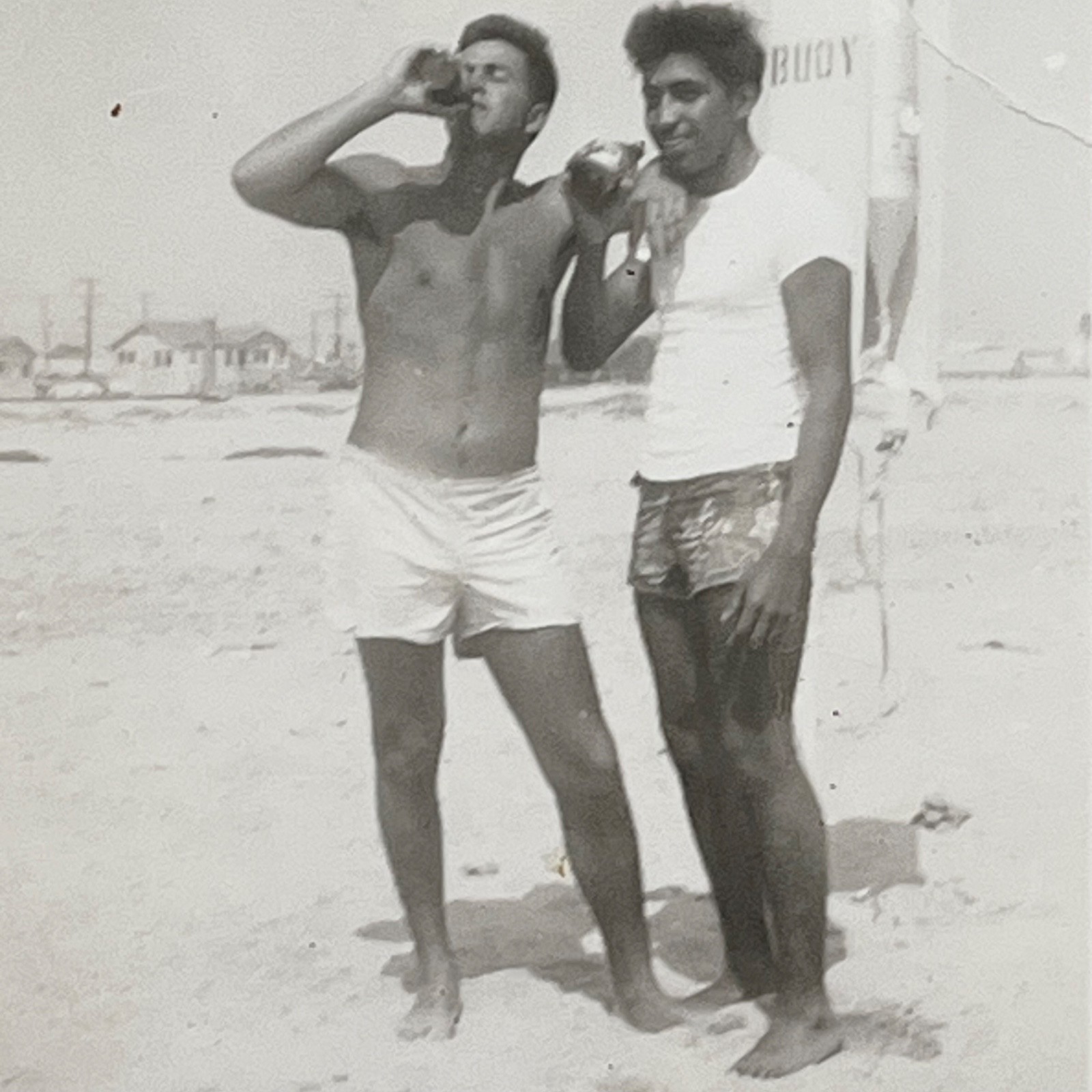 1940s Shirtless Men Drinking Beer Swim Trunks Gay Interest Vtg Snapshot Photo