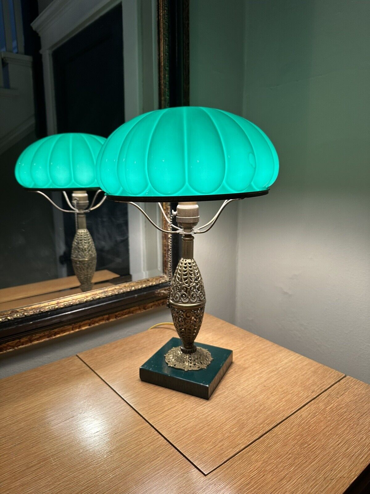 Antique 1910s Green Cased Glass Mushroom Dome Table Lamp Emeralite Style Shade