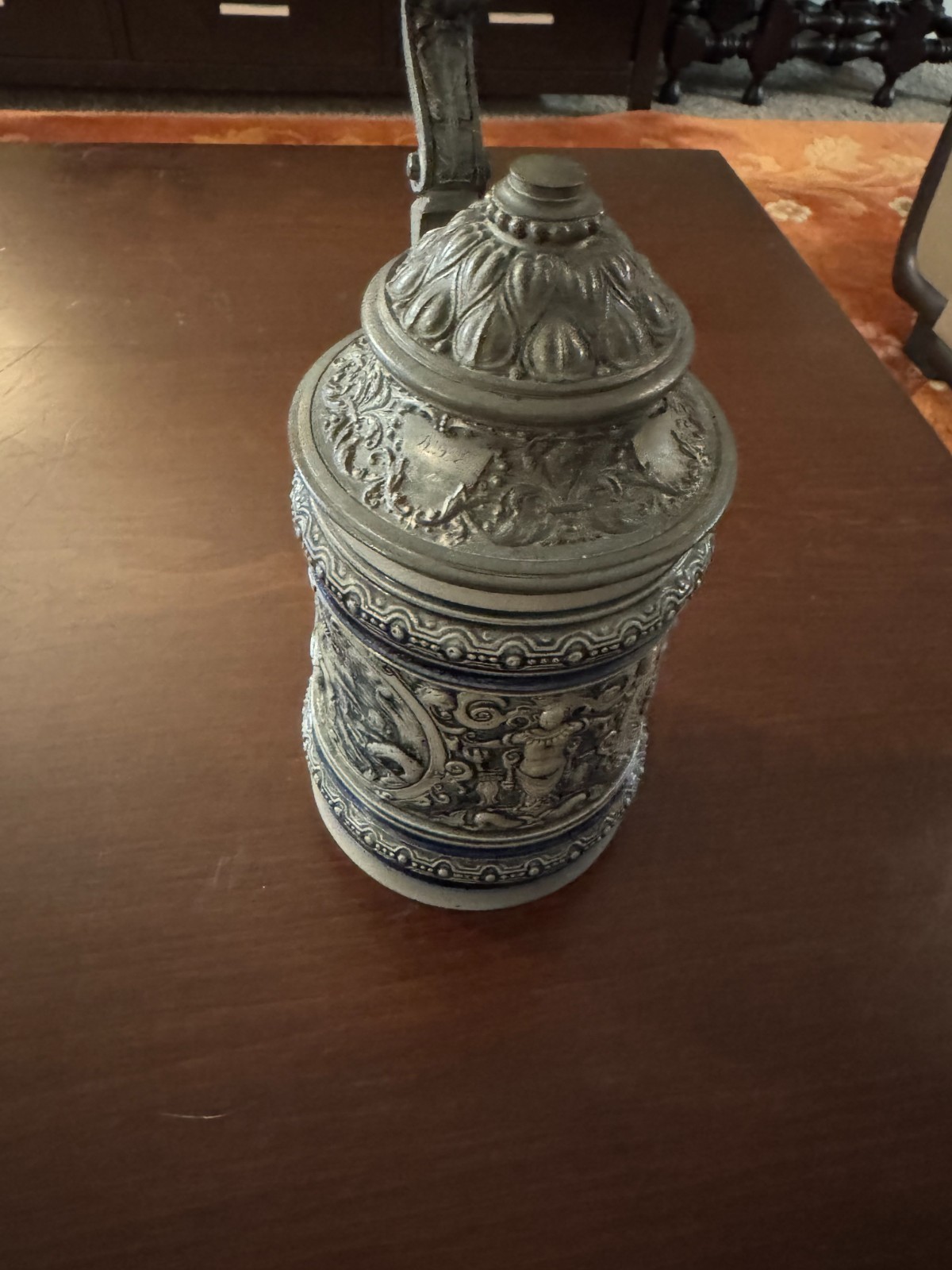 Antique German Westerwald Salt Glaze Stoneware Stein Cobalt Relief Pewter Lid