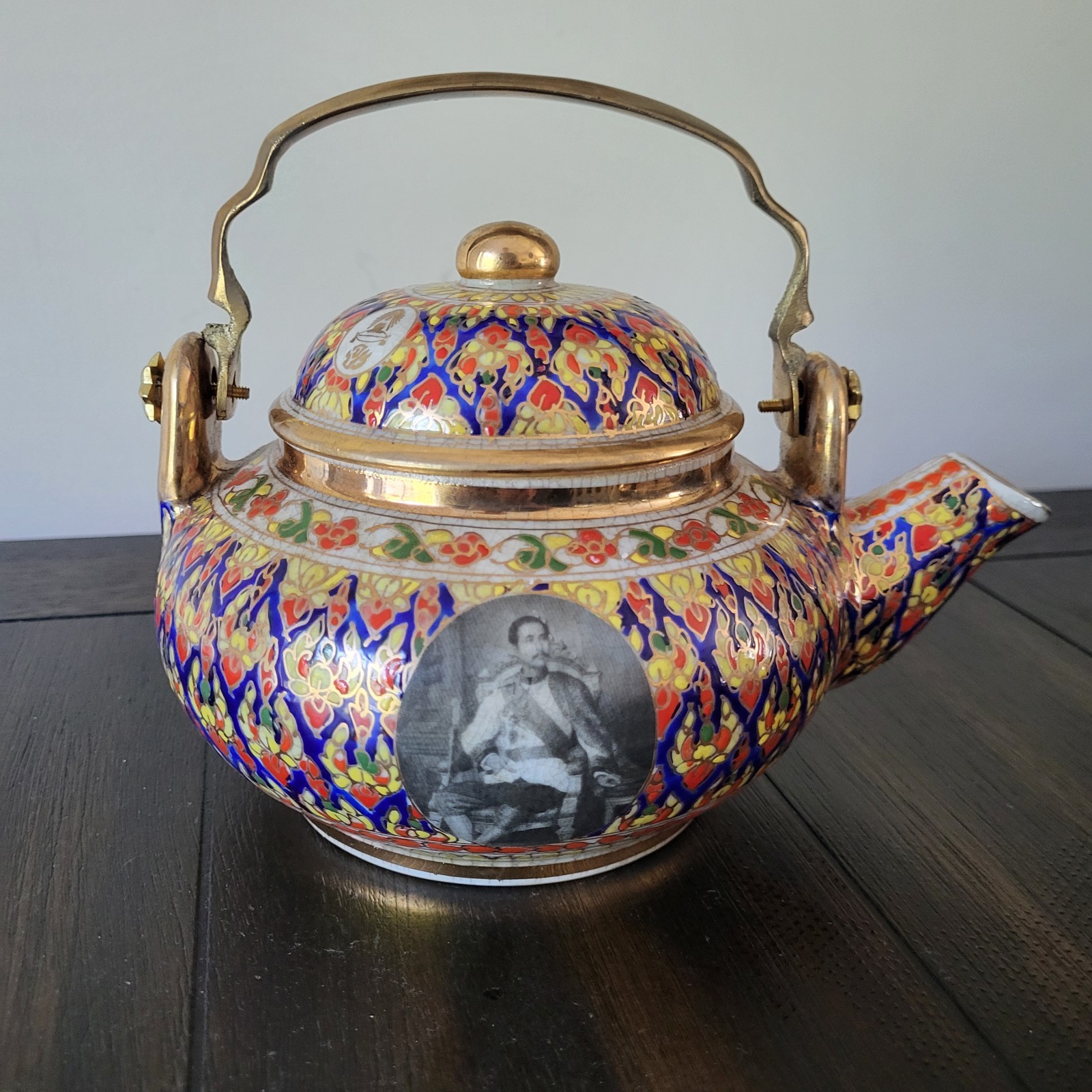 Vintage Thai Benjarong Teapot King Chulalongkorn Rama V Portrait Gilt Signed
