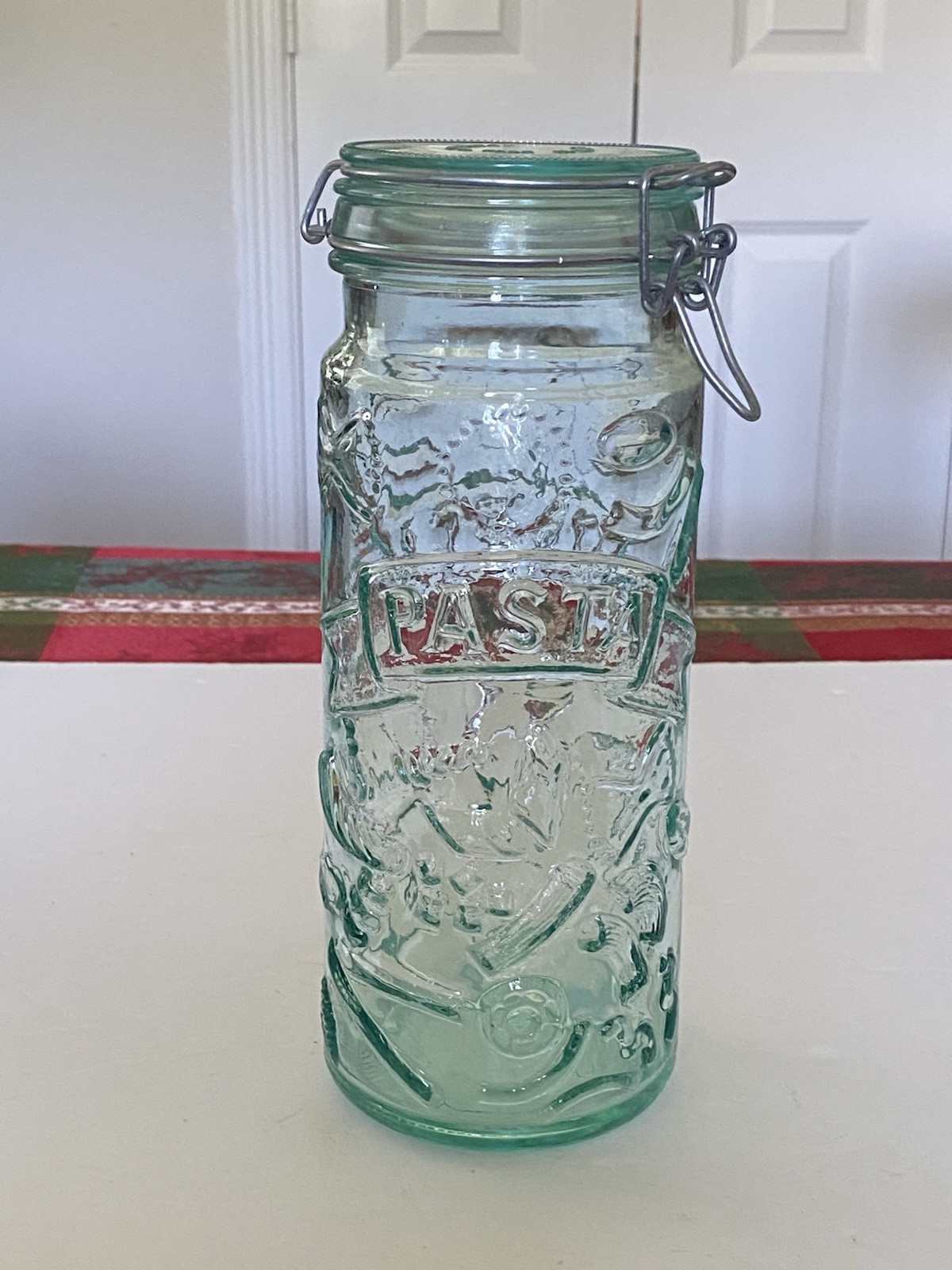 Vintage Spaghetti & Pasta Jar Hermetic Embossed Green Glass Airtight Lid Italy
