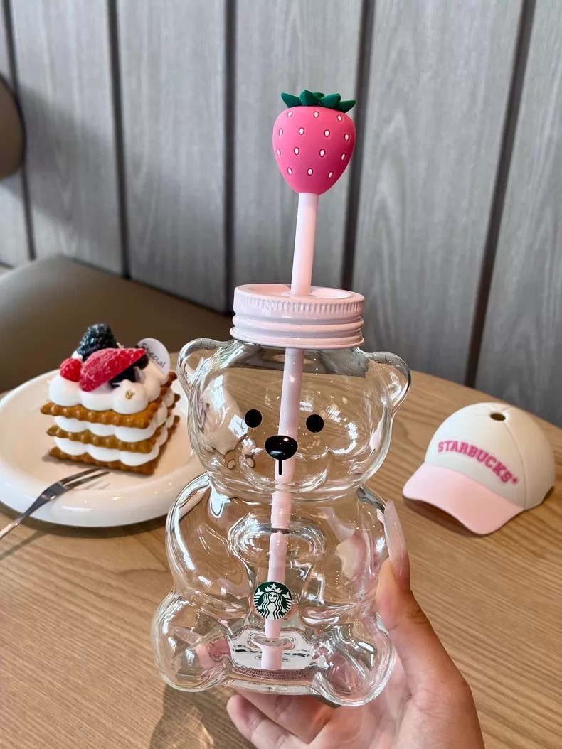 New Cute Starbucks Bearista Bear Cup Tumblers W/ Strawberry Topper Baseball Cap