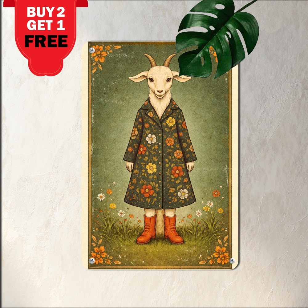 Quirky Farm Goat Wearing Floral Coat Tin Sign Vintage Humorous Animal Wall Art