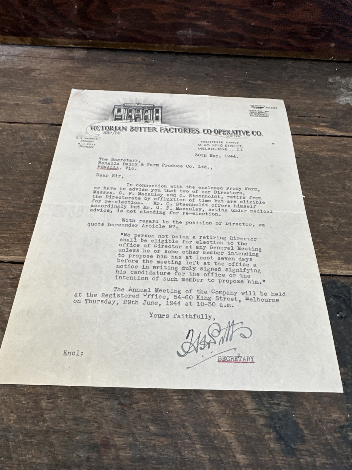 Victorian Butter Factories Co-operative 1944 Vintage Letterhead 