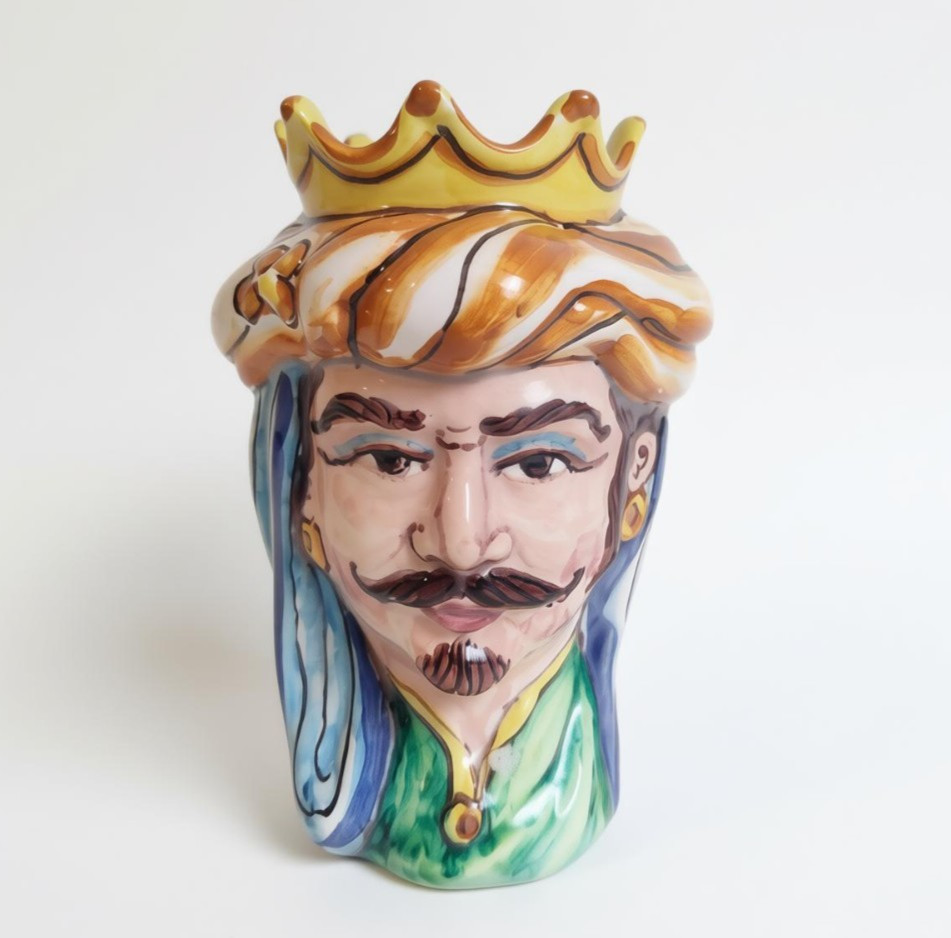 Italian Majolica Ceramic Head Figurine Italian Caltagirone Style King Crown