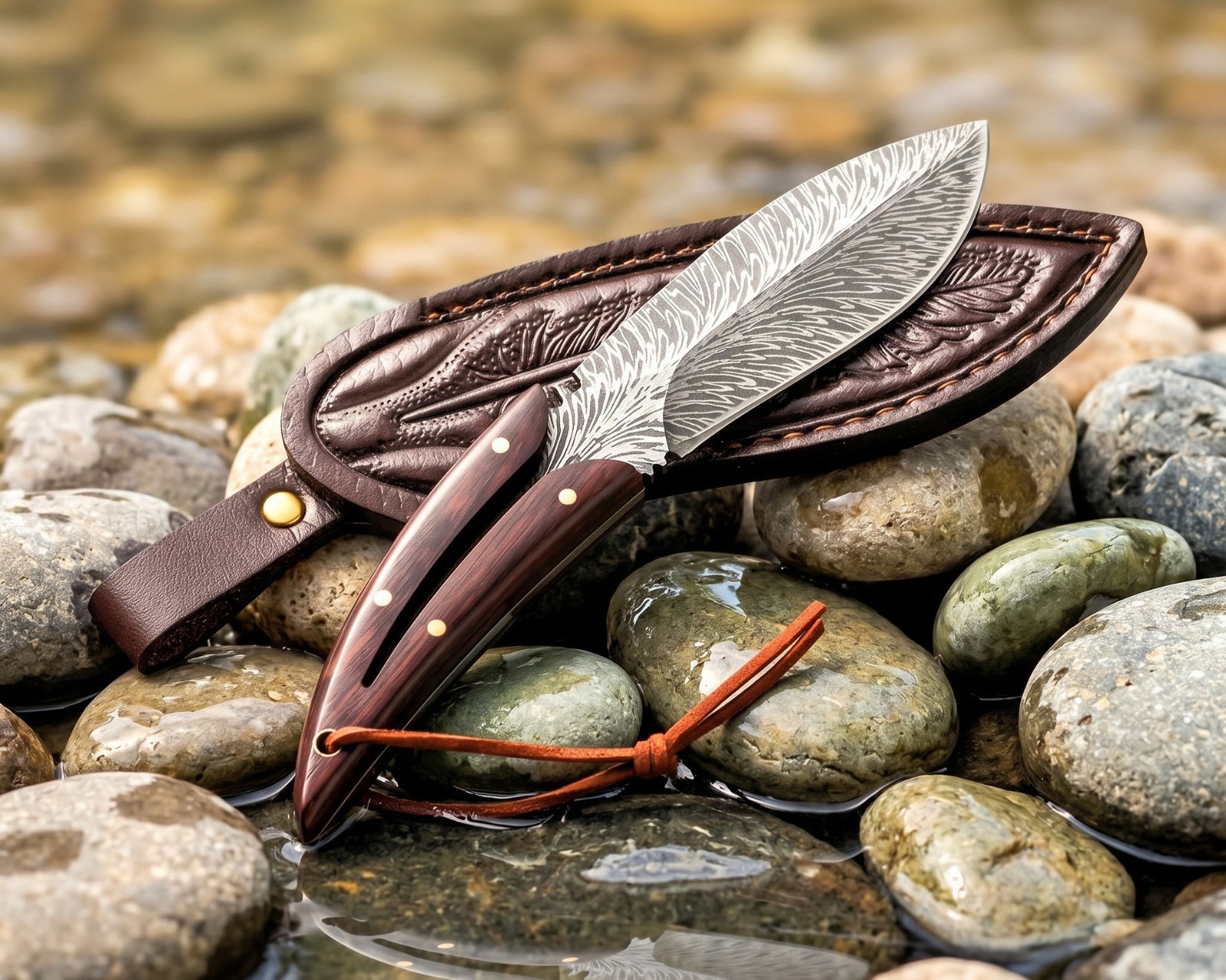 Field Knife – Layered Wood Handle – Feather‑Engraved Sheath