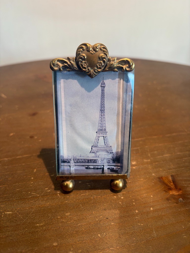 Vintage Beveled Glass French Picture of Eiffel Tower with Brass Frame 3.5
