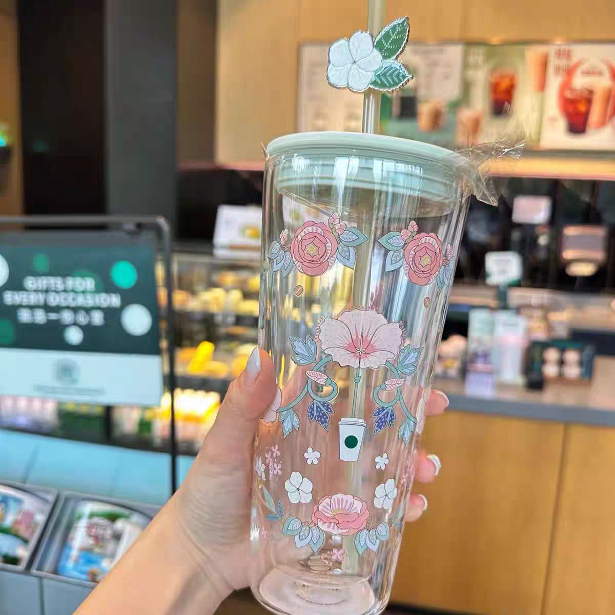 NEW 2025 Starbucks China Spring Flower Series Glass Straw Cup 600ml Tumbler Gift