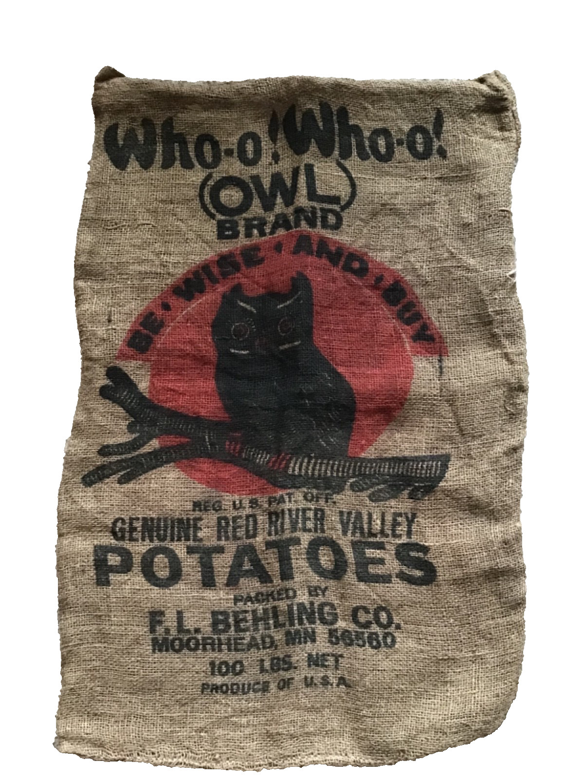 VINTAGE OWL BRAND Whoo Whoo 100lb BURLAP POTATO SACK Rustic Halloween decor EUC