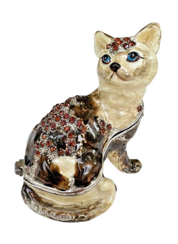 Blue Eyed Cat Bejeweled Trinket Box with Austrian Crystals. New