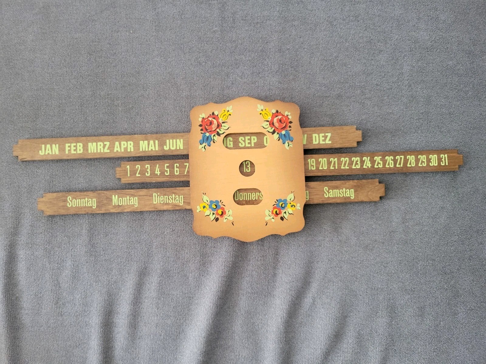 Retro 70s German Wood Perpetual Calendar Painted Sliding Folk Wall Art NEW