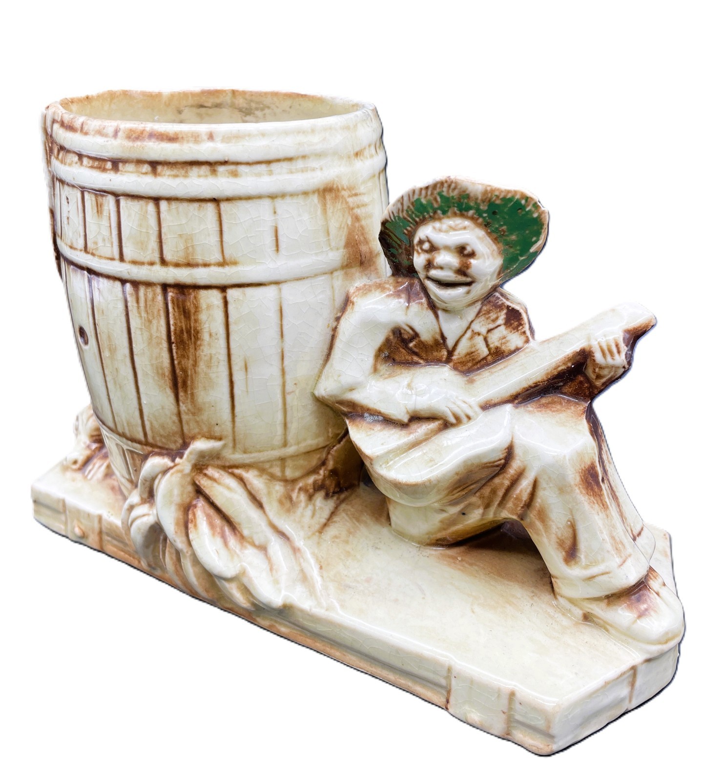 Vintage McCoy Pottery Calypso Line Man & Dog Barrel Ceramic Planter Vase
