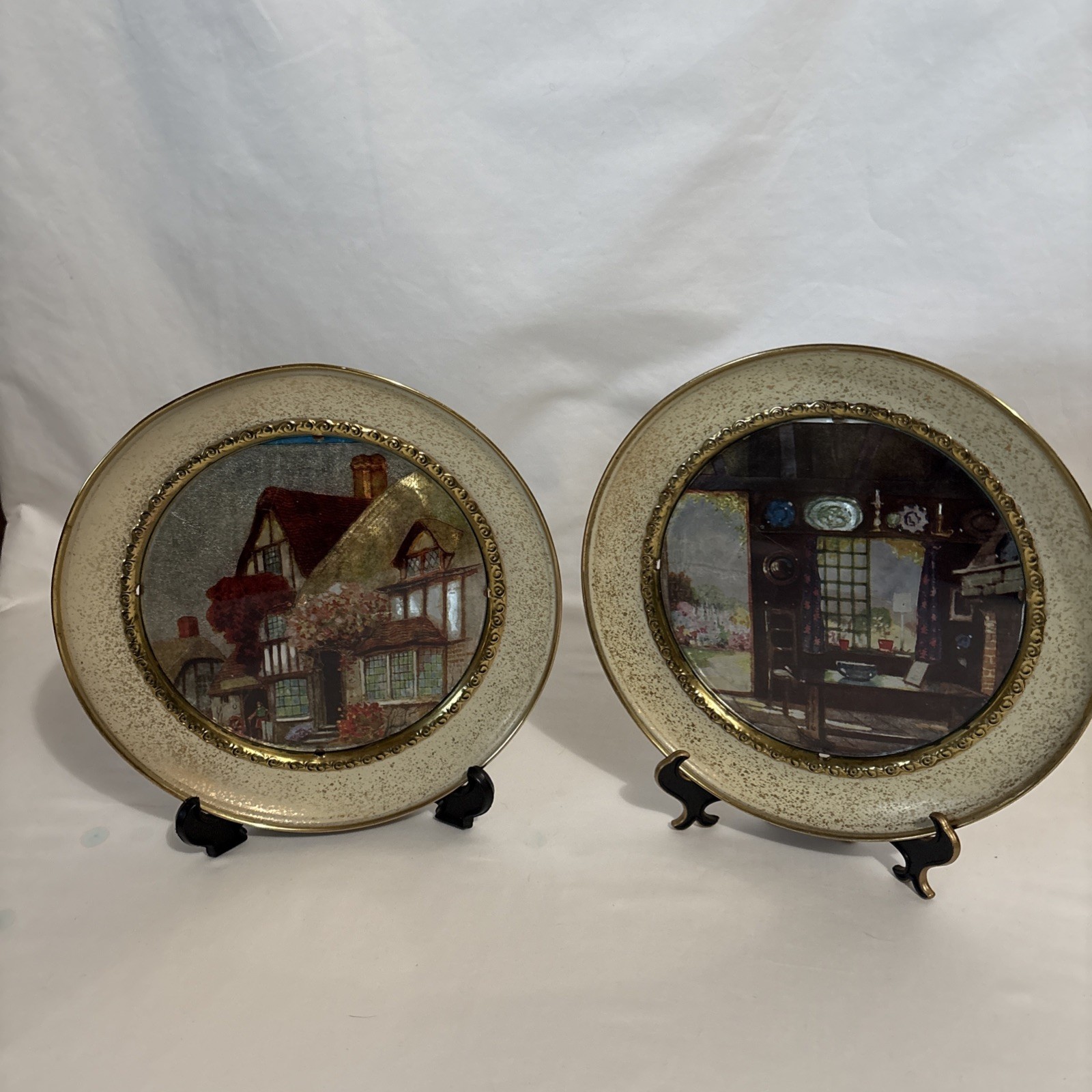 Pair Vintage Peerage Brass Wall Plates Foil Art English Tudor Cottage Pub Scene