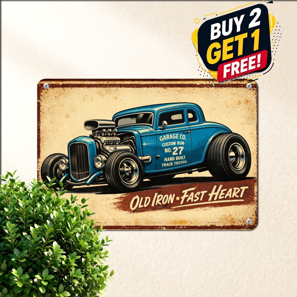 Distressed Blue Classic Coupe Poster Metal Sign Retro Automotive Garage Decor