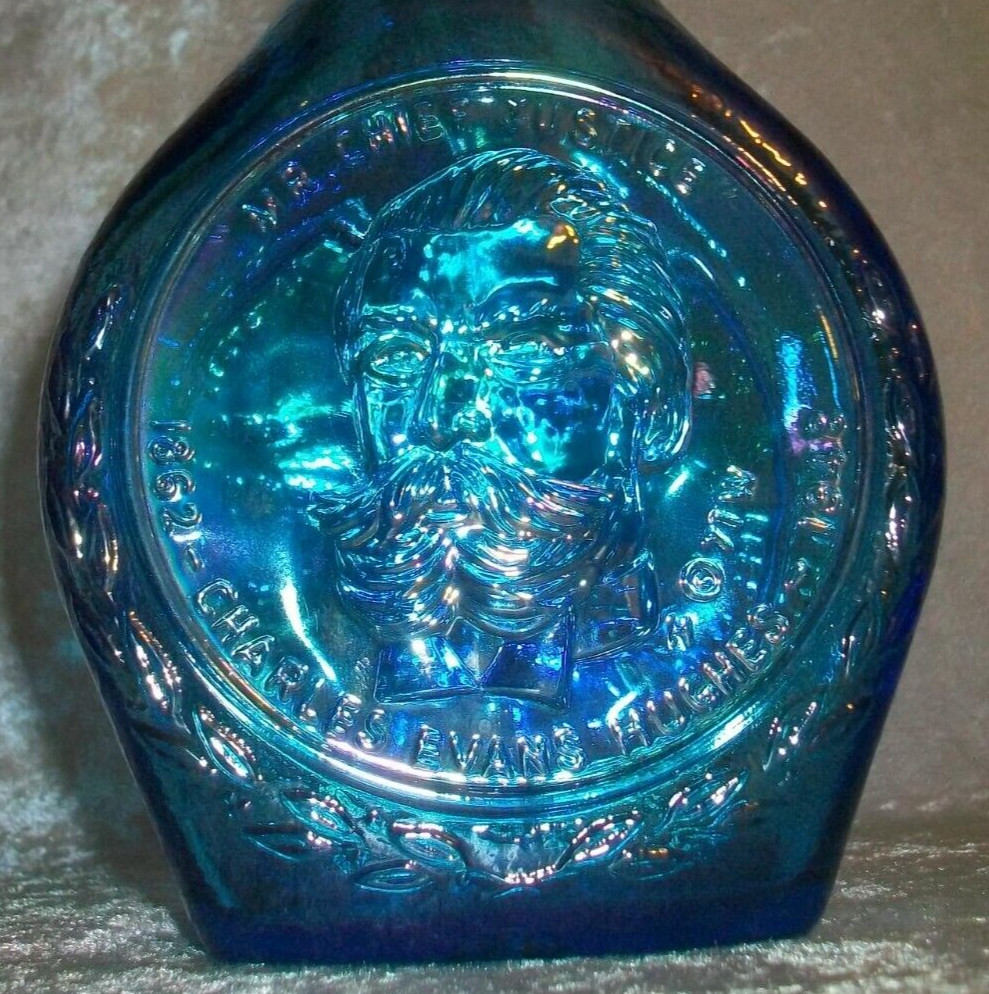 Vintage 1971 Wheaton Charles Evans Hughes Blue Carnival Glass Decanter Bottle