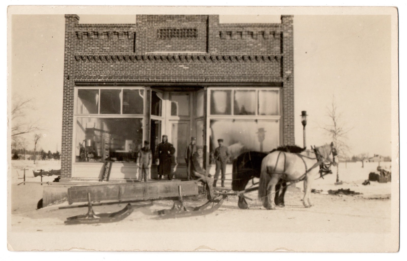 Vintage RPPC Winter Scene Horse Drawn Sleigh Men Brick Storefront Postcard Vintage RPPC Winter Scene Horse Drawn Sleigh Men Brick Storefront Postcard