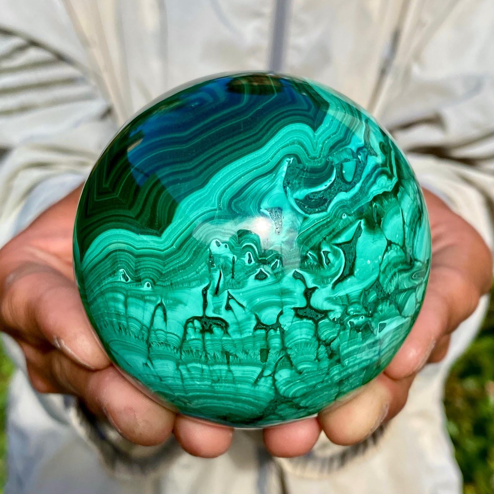1.92LB Rare Natural Malachite quartz hand Carved sphere Crystal Healing