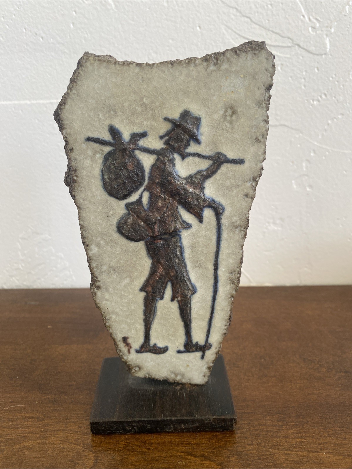 Vintage 1977  French Enamel Art Montreuil -Bellay Peddler Volcanic Rock Signed