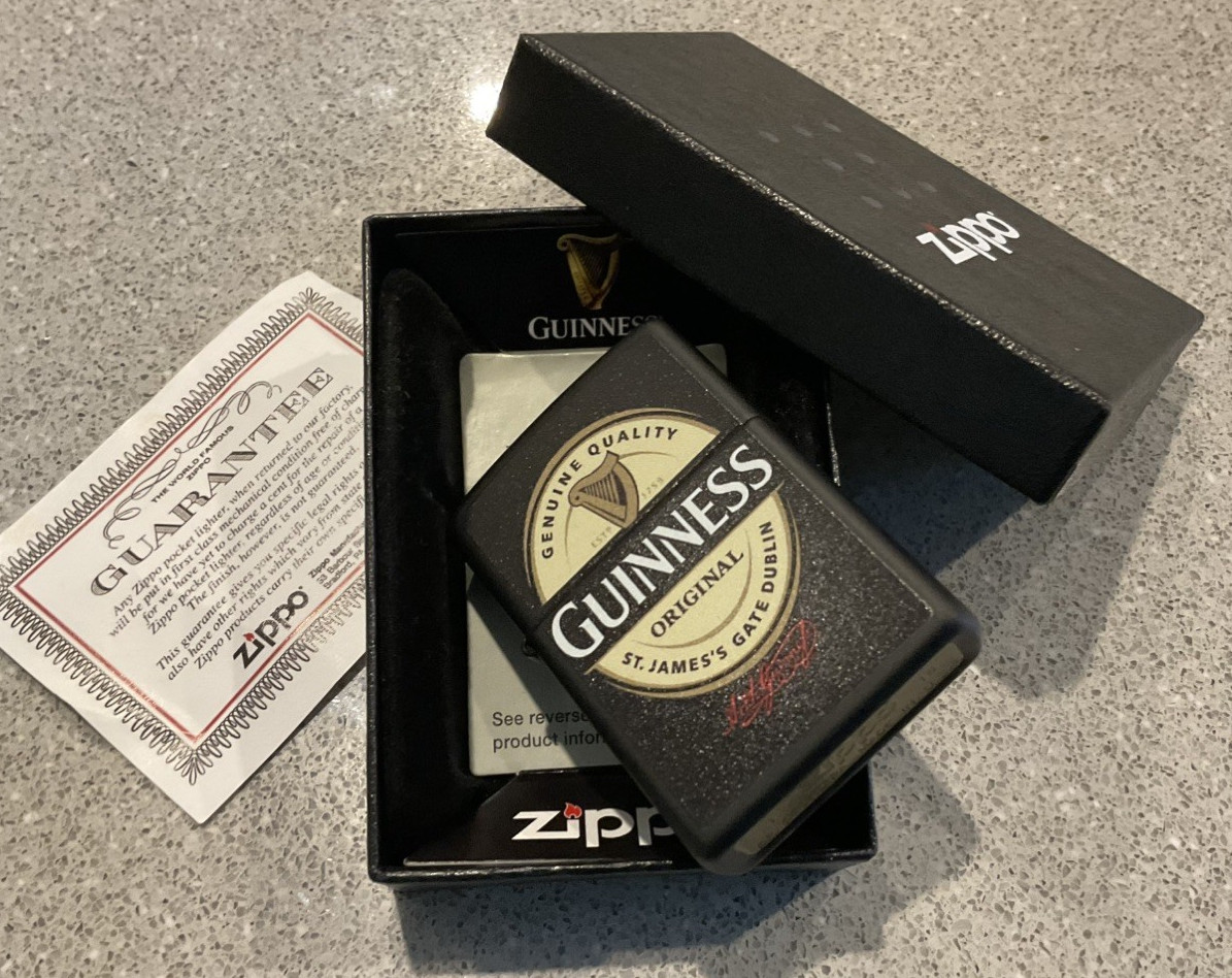 Genuine Brand New 2018 ZIPPO Lighter Official GUINNESS ORIGINAL Satin Black Case