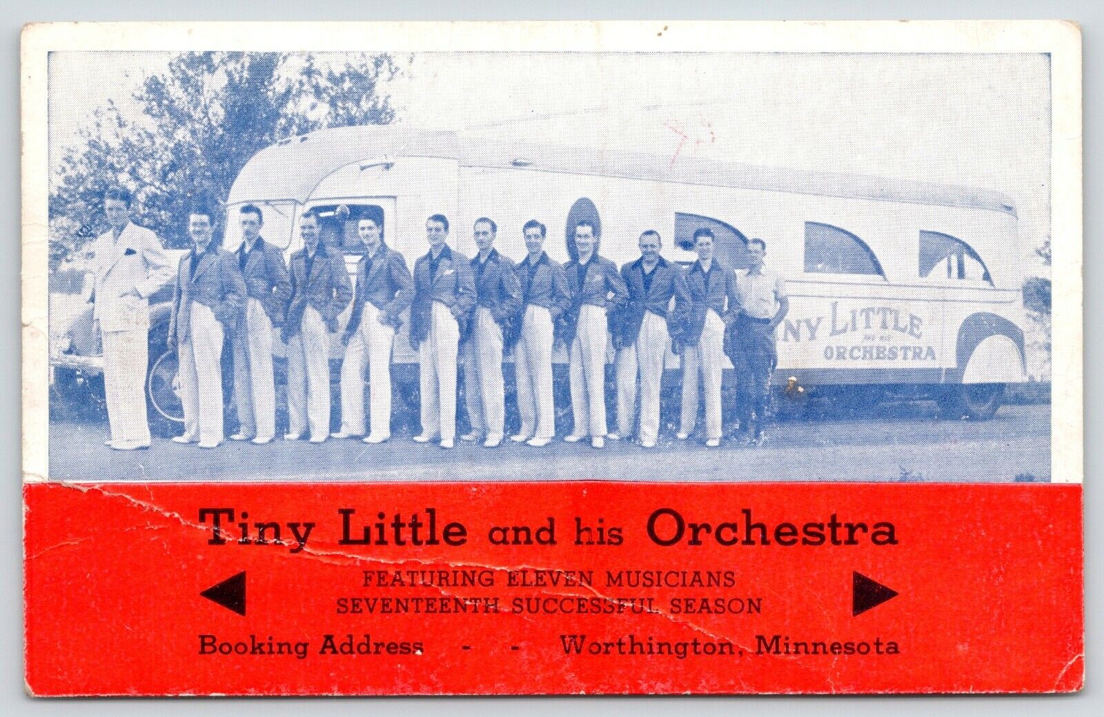 Worthington MN~Tiny Little & His Orchestra~All in White Shoes~Travel Bus~1943 PC