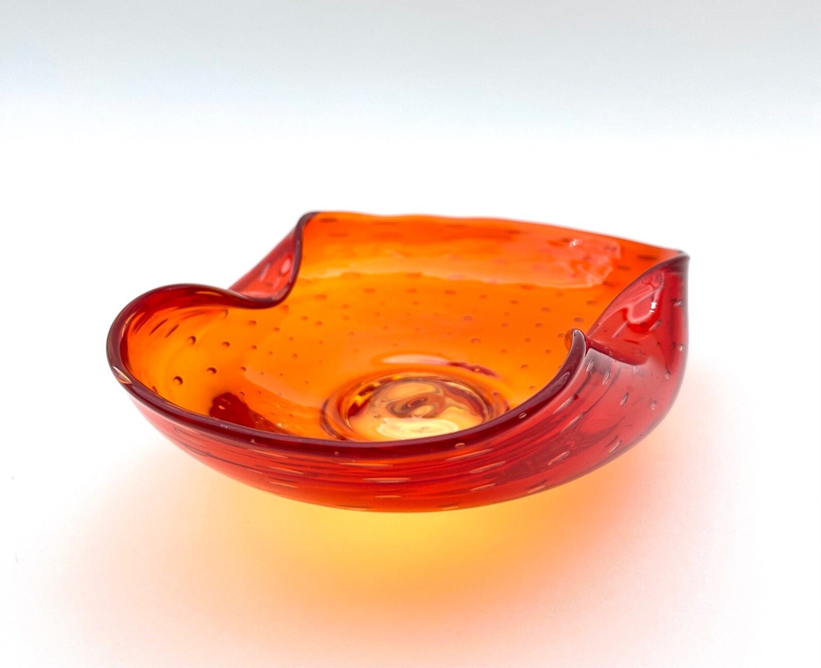 Hand Blown Amberina Dish with Controlled Bubbles and Wavy Rim