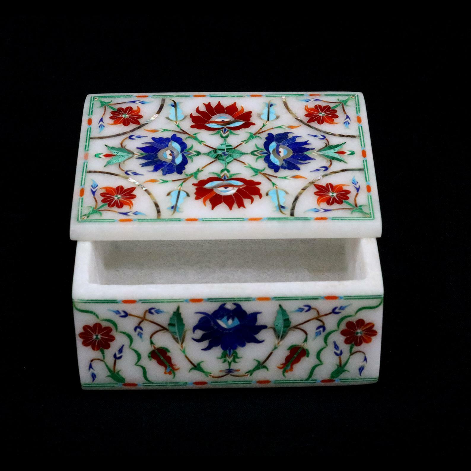 6\'\'x4\'\' white Marble Jewelry trinket Box Storage Semi Precious Stones Inlay h1