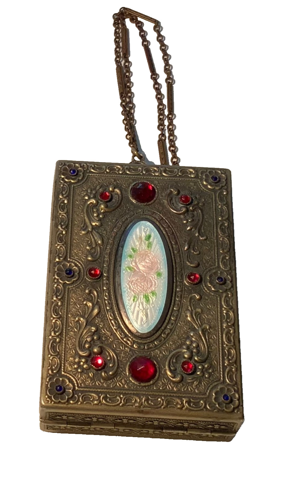STUNNING Antique FRENCH  *ENAMEL GUILLOCHE* JEWELED* WRISTLET Compact ORIGINAL