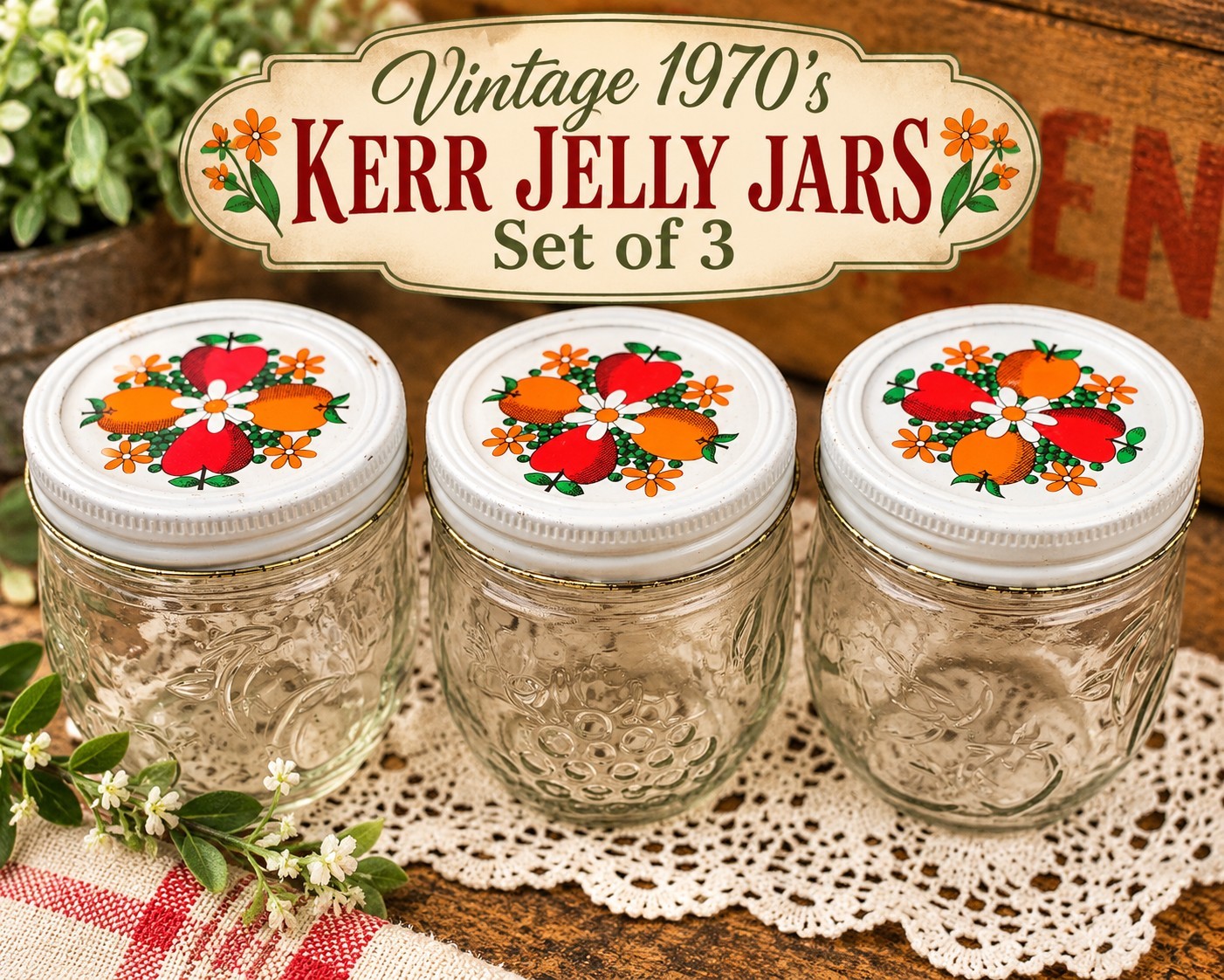 Vintage 1970s Kerr Jelly Jars Set 3 Retro Fruit Floral Lids – Country Kitchen