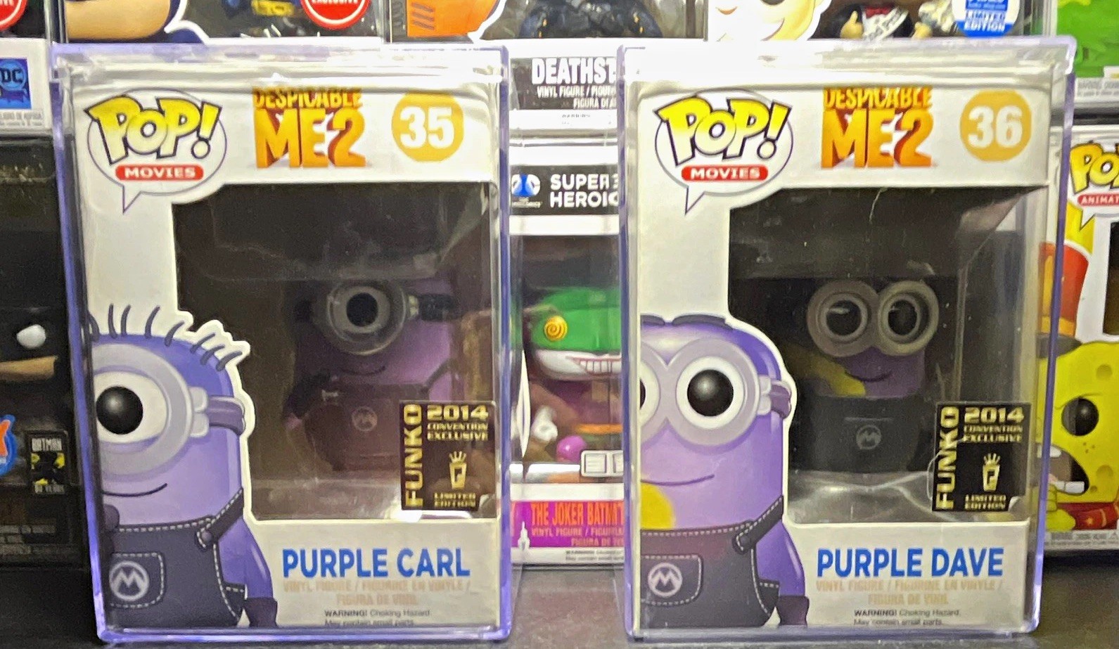 Funko Pop Despicable Me 2 Purple Carl #35 & Purple Dave #36 (with protectors)