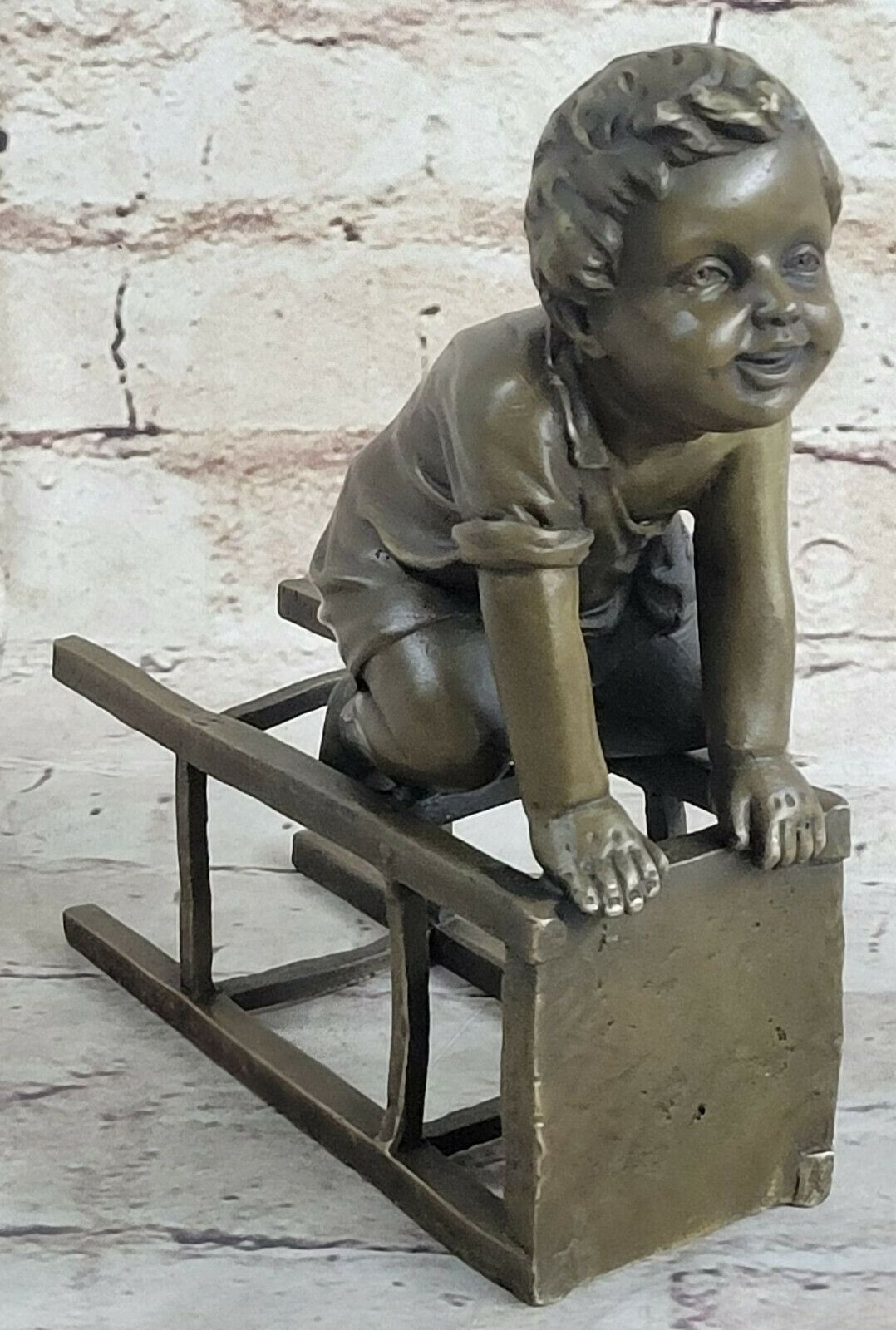 Signed~Clara~Playful Little Boy on Chair Bronze Sculpture Children Statue Figure