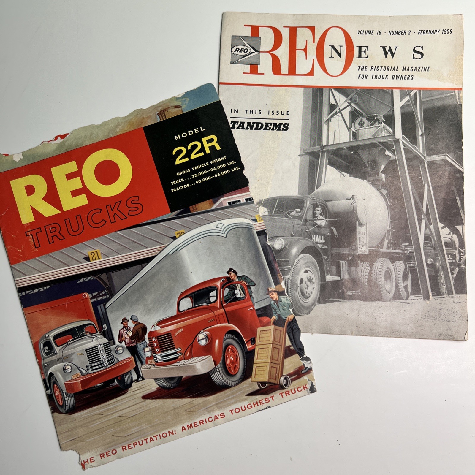Lot 2 REO Trucks 22R Ad & 1956 News Magazine Tandems Vehicle Illustrated