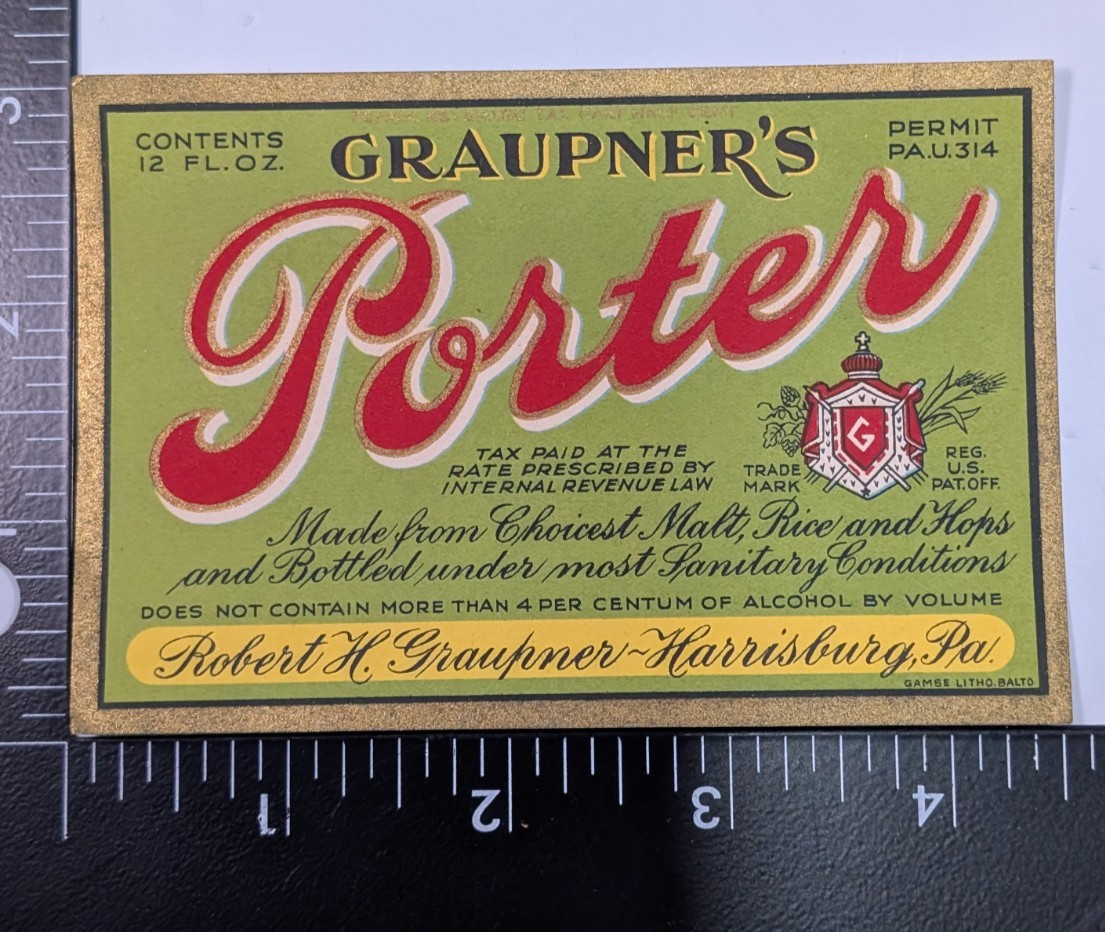 VTG Beer Bottle Label - Graupner\'s Porter 12 oz IRTP Harrisburg PA IRTP VTG Beer Bottle Label - Graupner\'s Porter 12 oz IRTP Harrisburg PA IRTP